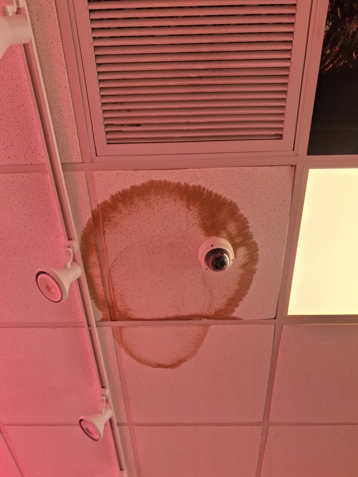 Water-damaged ceiling tile around a camera and vent
