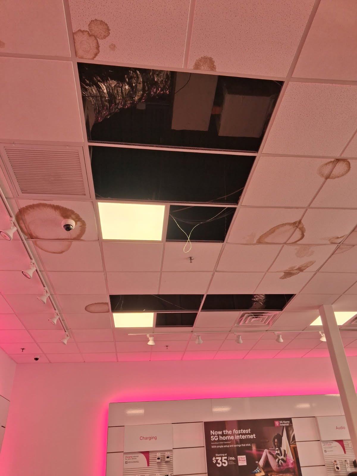 Widespread stained and missing commercial ceiling tiles